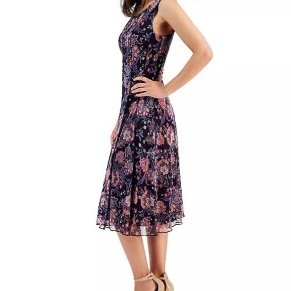 New Connected Womens Size 10 Floral Sleeveless Chiffon Midi Dress Work Career - Picture 5 of 13